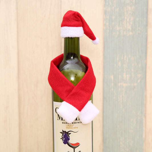 Christmas wine bottle decor with red scarf and Santa hat, non-woven fabric set.