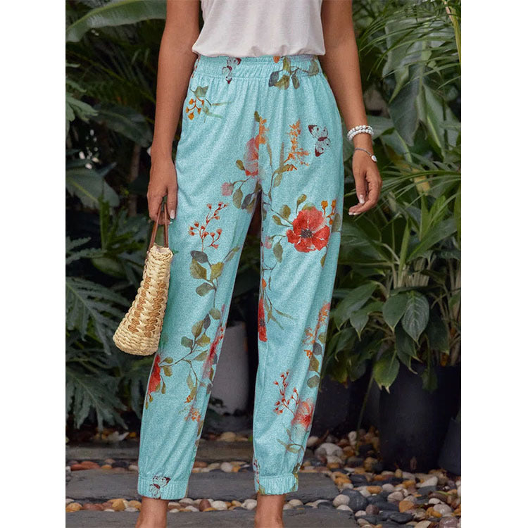 Printed Harem Pants in blue with relaxed fit and elastic cuffs