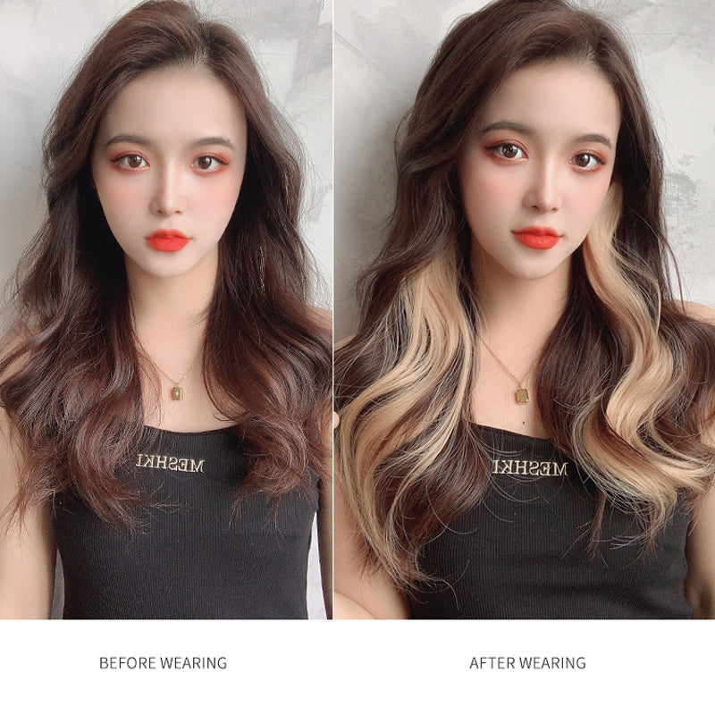 Curly Face-Framing Hair Extensions before and after applying blonde highlights