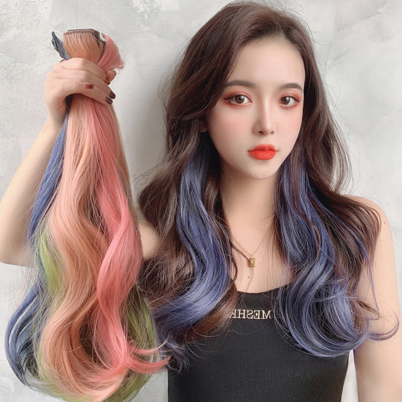 Curly Face-Framing Hair Extensions displayed in pink orange blue and green colours