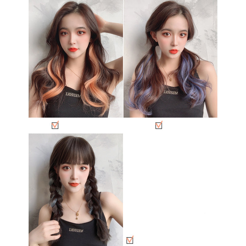 Curly Face-Framing Hair Extensions styled in orange blue and grey highlights