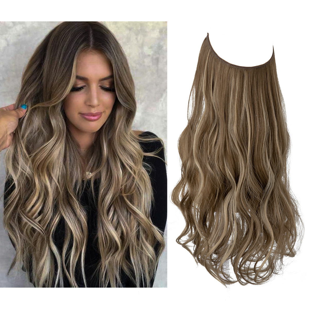 Curly Halo Hair Extension in ash brown with blonde highlights