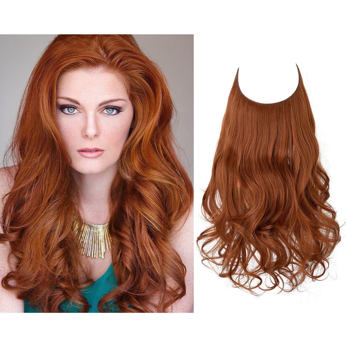 Curly Halo Hair Extension in auburn copper with defined curls