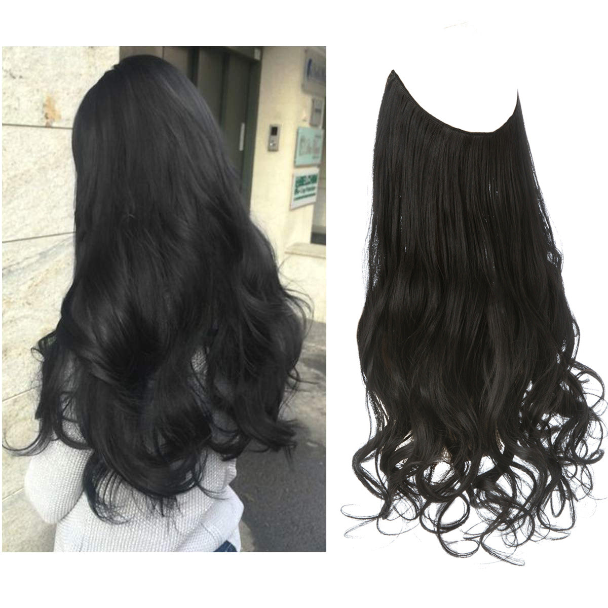 Curly Halo Hair Extension in black with long wavy synthetic fibre                                                                            