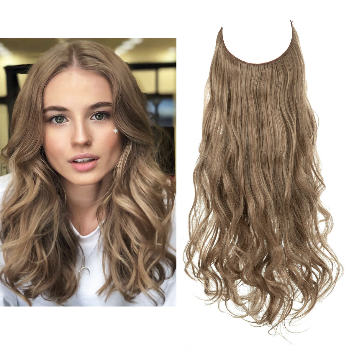 Curly Halo Hair Extension in long brown and blonde ombre waves