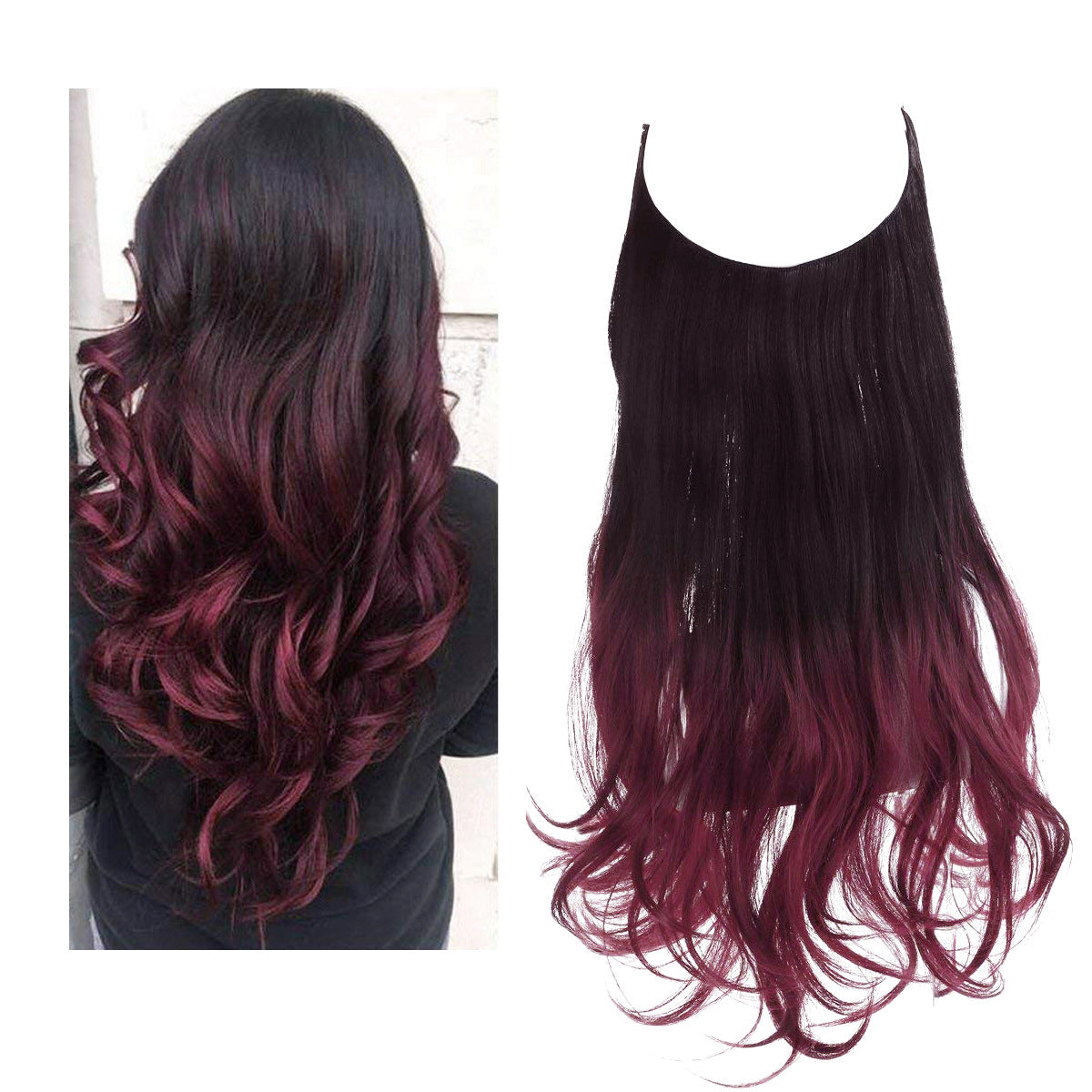 Curly Halo Hair Extension in burgundy red with long curls