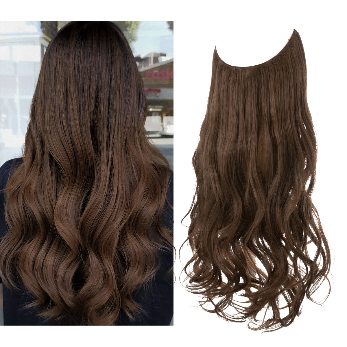 Curly Halo Hair Extension in classic brown with loose curls