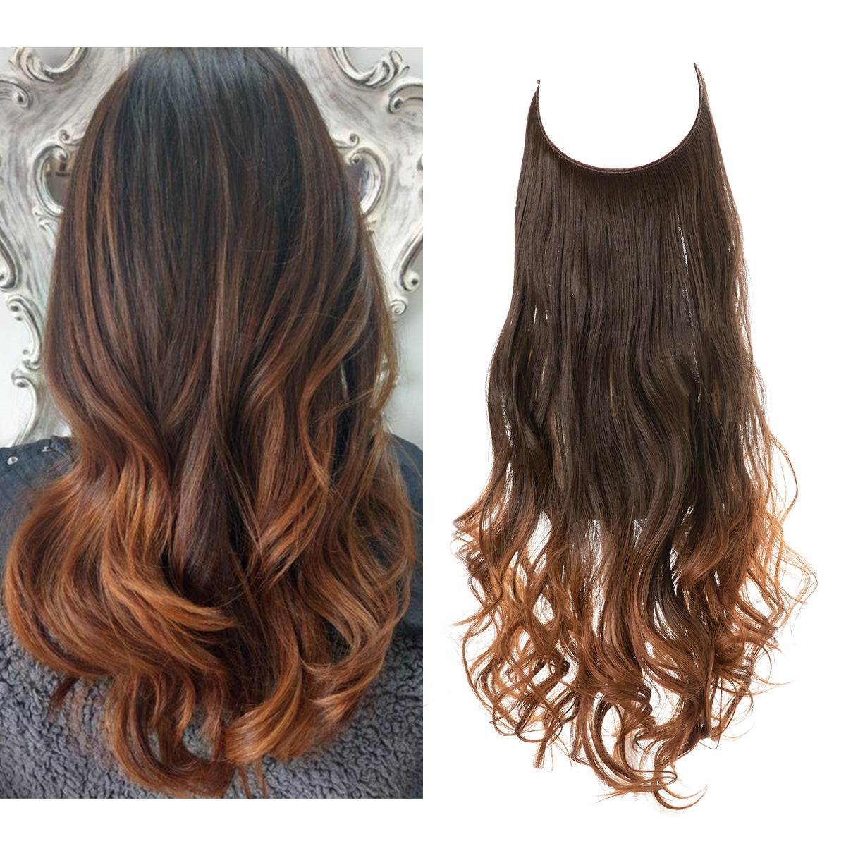 Curly Halo Hair Extension in dark brown with copper highlights