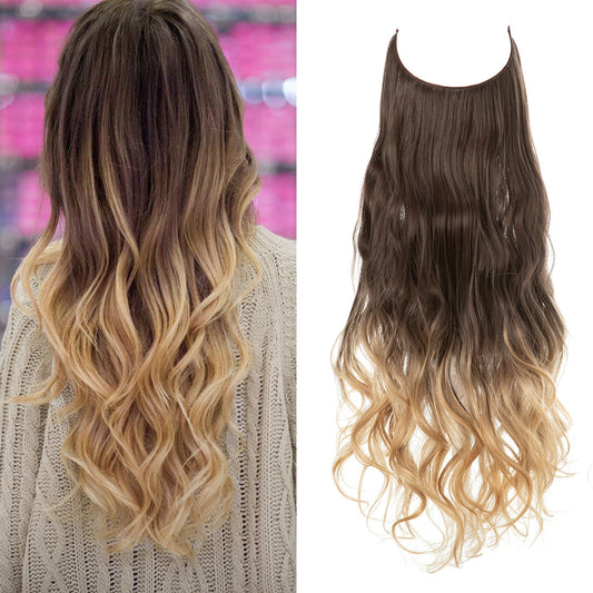 Curly Halo Hair Extension in dark brown with sandy blonde highlights