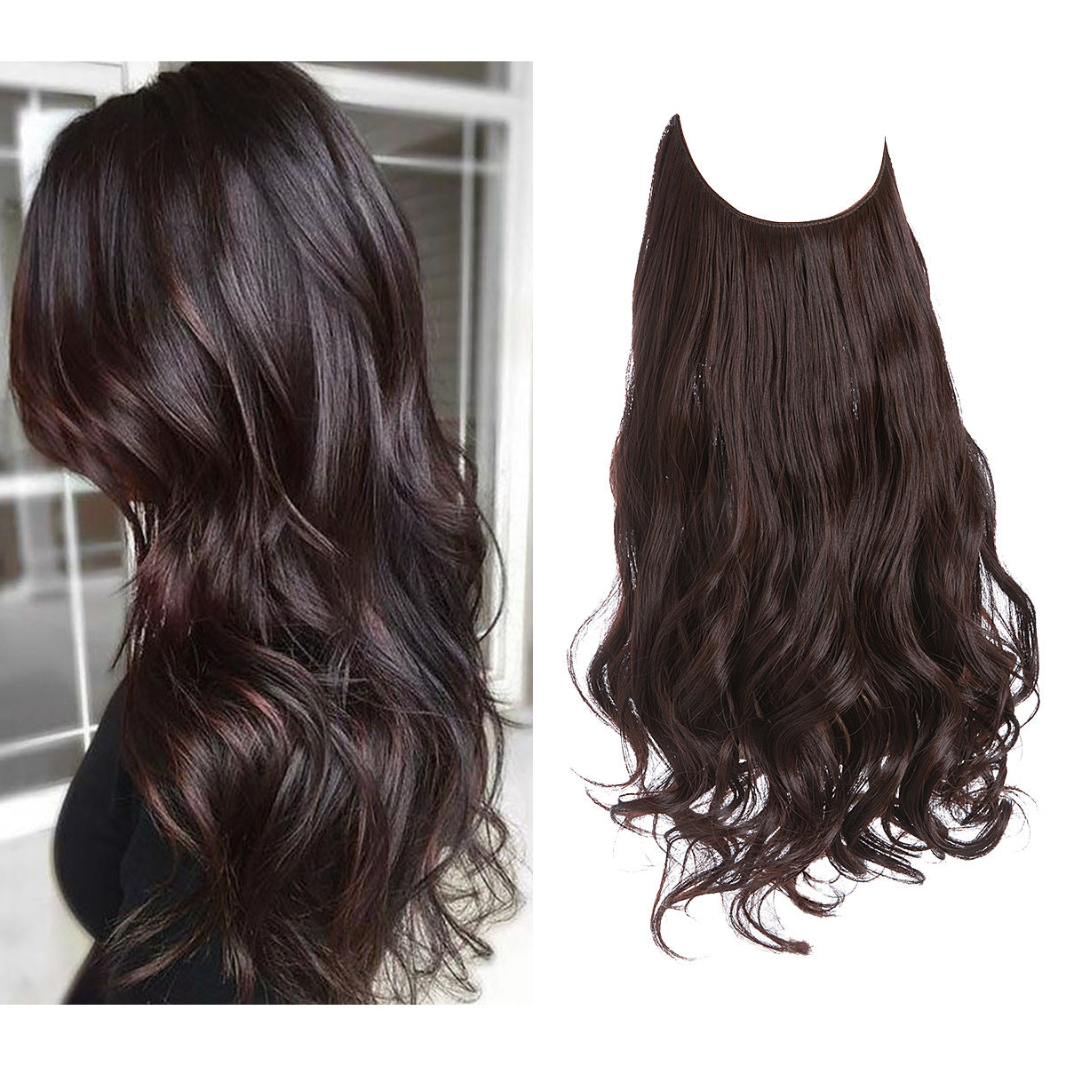 Curly Halo Hair Extension in dark chocolate brown with glossy curls