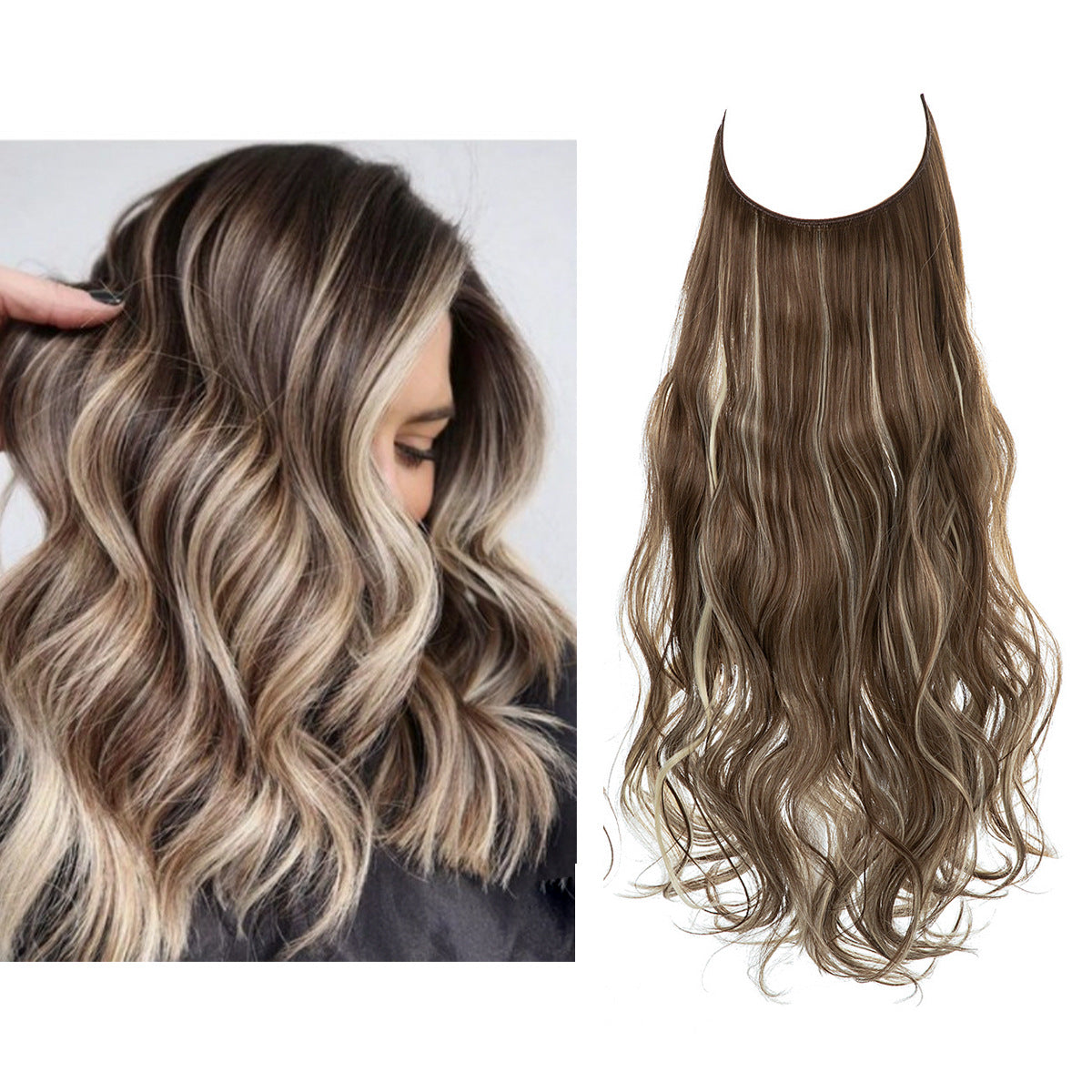 Curly Halo Hair Extension in dark-root blonde ombre with curls