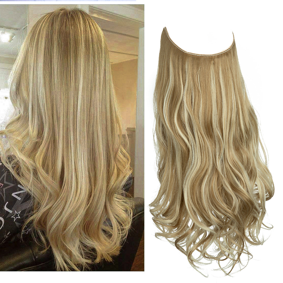 Curly Halo Hair Extension in golden blonde with long loose curls