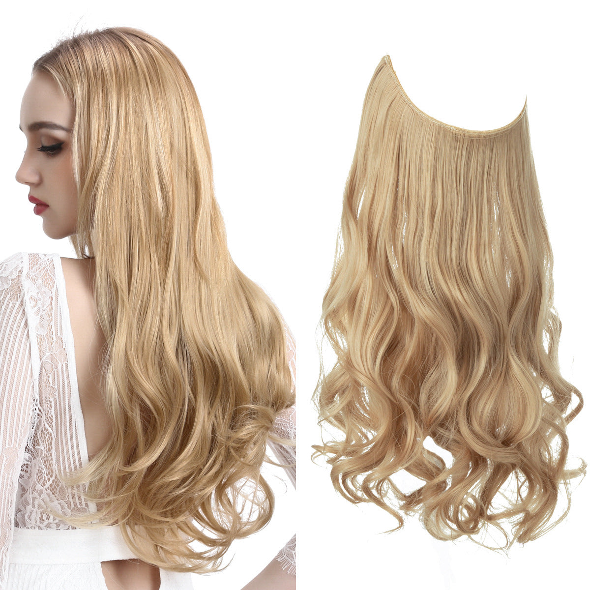 Curly Halo Hair Extension in light blonde with soft curled ends