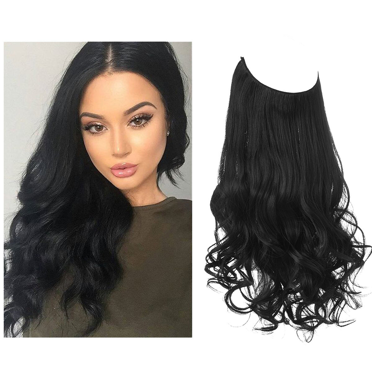 Curly Halo Hair Extension natural black shade shown on model