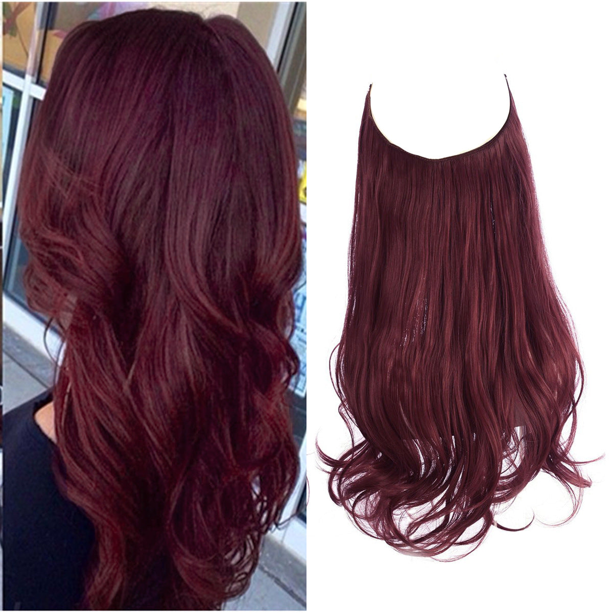 Curly Halo Hair Extension in deep wine red with soft curls