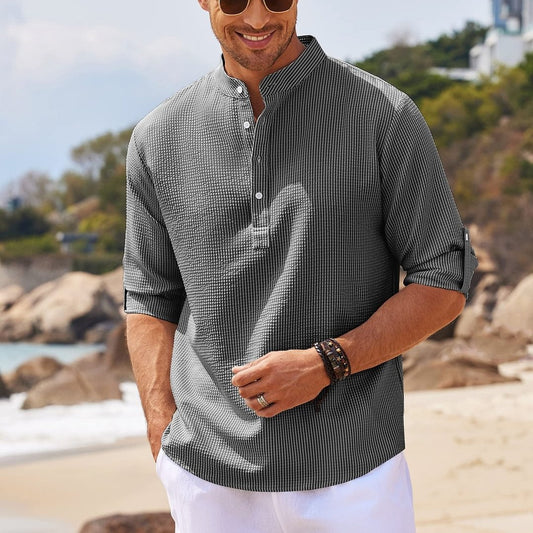 Long Sleeve Stand Collar Solid Color Shirt Mens Clothing