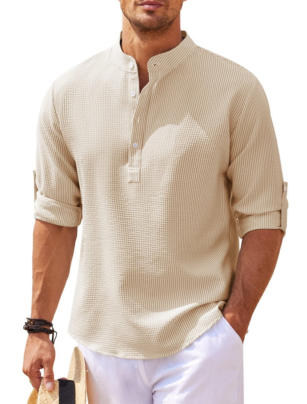 Long Sleeve Stand Collar Solid Color Shirt Mens Clothing