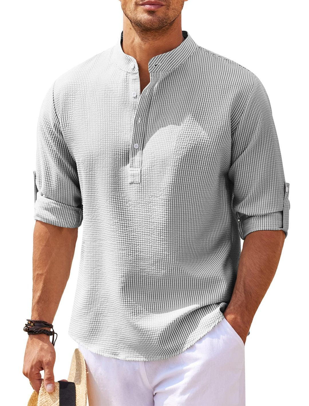 Mens Stand Collar Shirt in light grey with textured stripes and curved hem