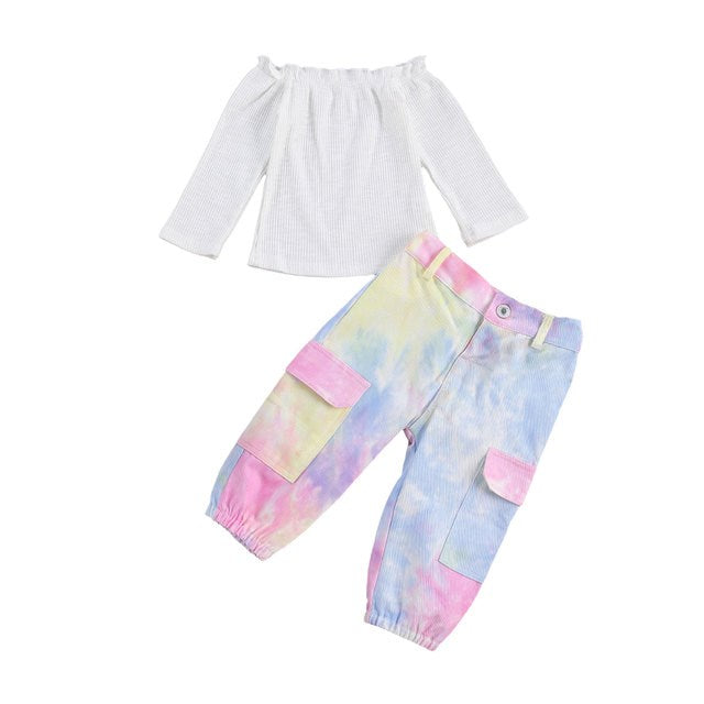 Girls Cargo Outfit Set with white ribbed top and pastel multicolour cargo trousers