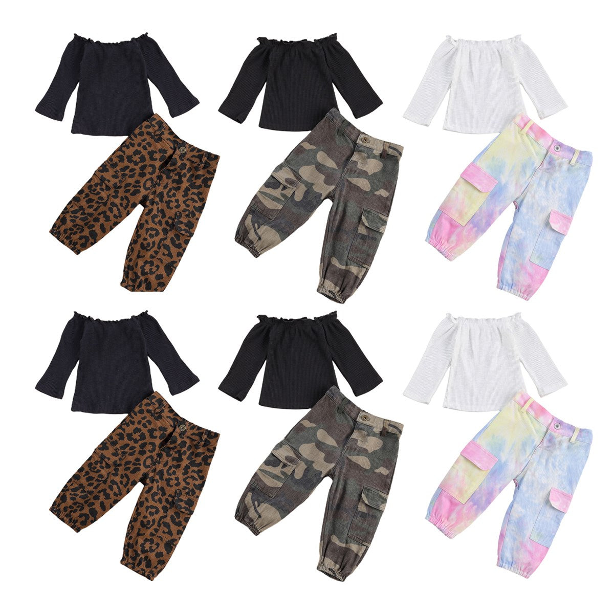 Girls Cargo Outfit Set with white ribbed top and pastel multicolour cargo trousers