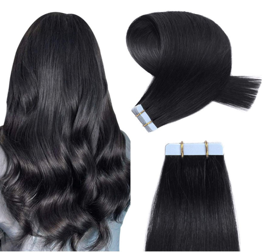 Invisible Tape In Hair Extensions shown in black on model and hairpieces