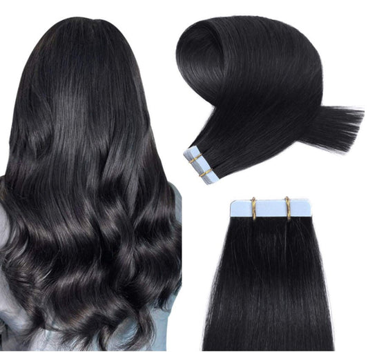 Invisible Tape In Hair Extensions shown in black on model and hairpieces