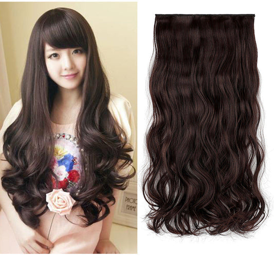 Long Curly Clip In Hair Extension in dark brown shown on model