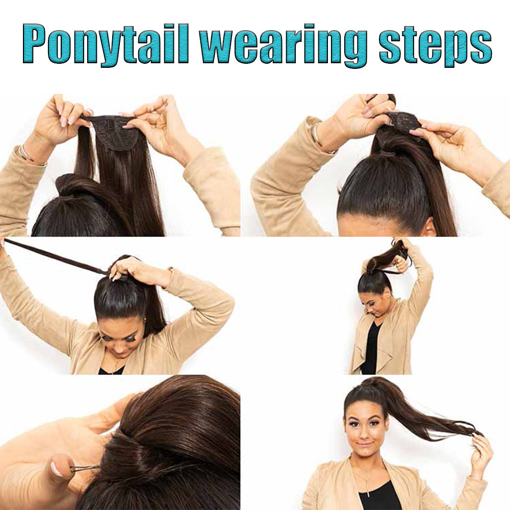 Long Straight Ponytail Extension step-by-step wrap-around application guide