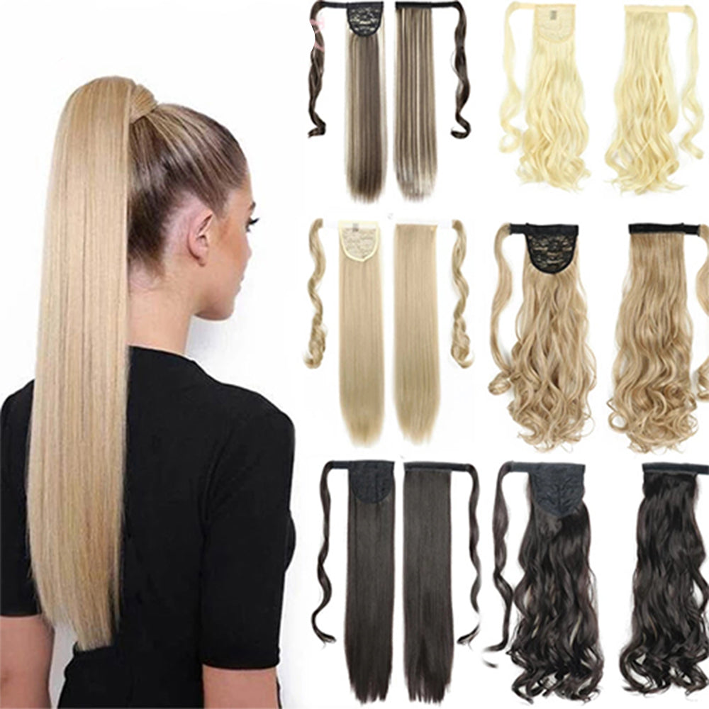 Long Straight Ponytail Extension shown on model with available colour options