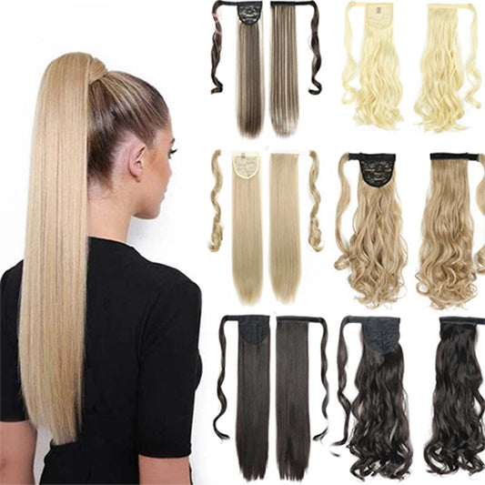 Long Straight Ponytail Extension shown on model with available colour options