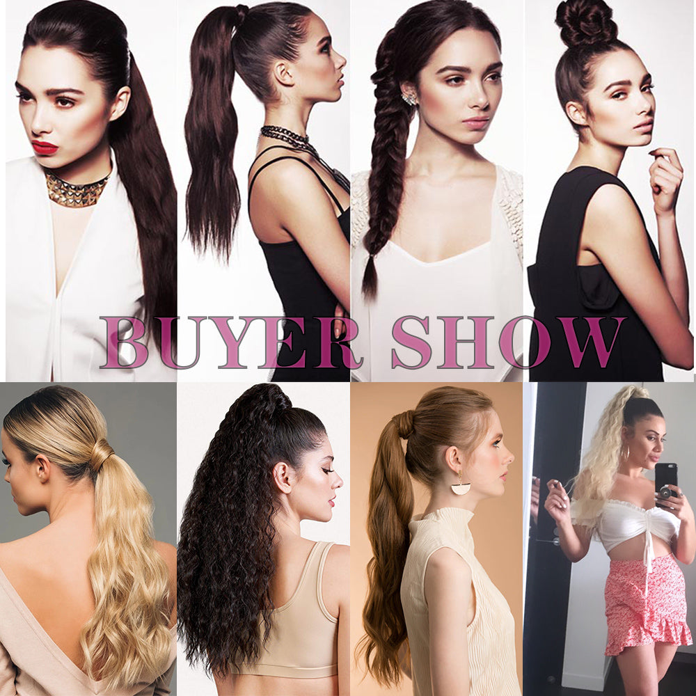 Long Straight Ponytail Extension shown in different customer hairstyles