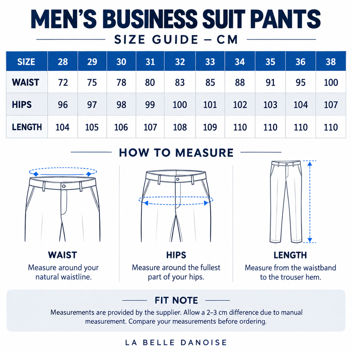 Men’s Business Suit Pants size guide with waist hips and trouser length measurements in centimetres