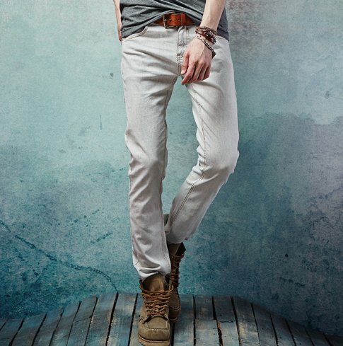  Mens Cotton Linen Pants in light grey slim fit on model