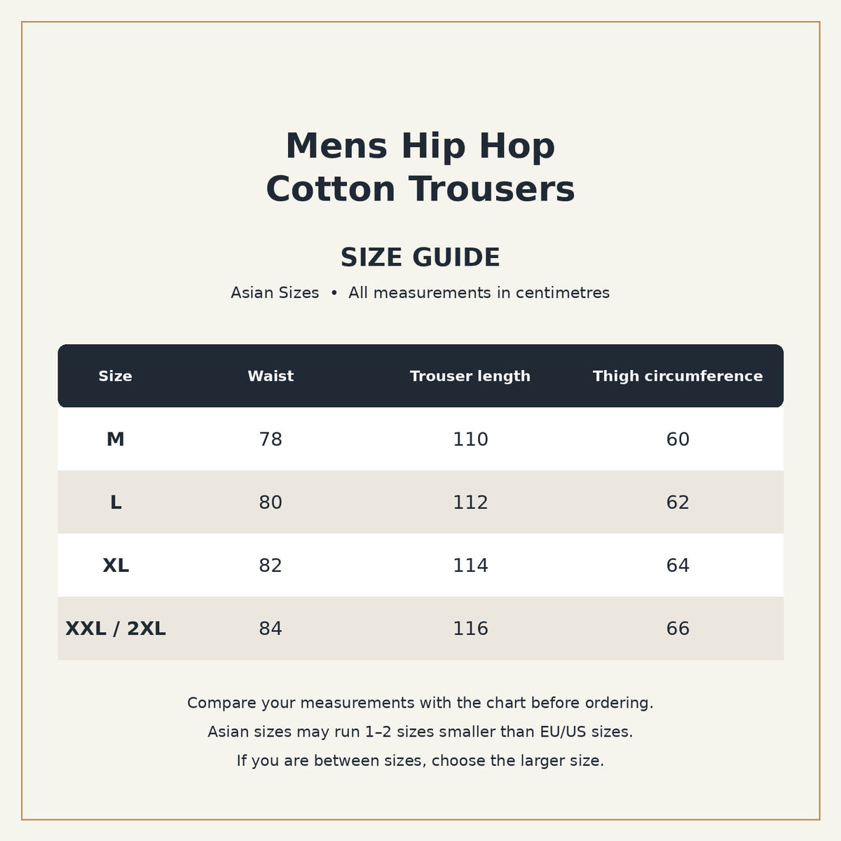 Mens Hip Hop Cotton Trousers size guide showing Asian sizes M–2XL with waist, trouser length and thigh circumference measurements in centimetres.