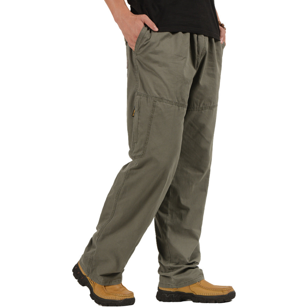 Mens Loose Fit Cotton Pants in army green side view on mode