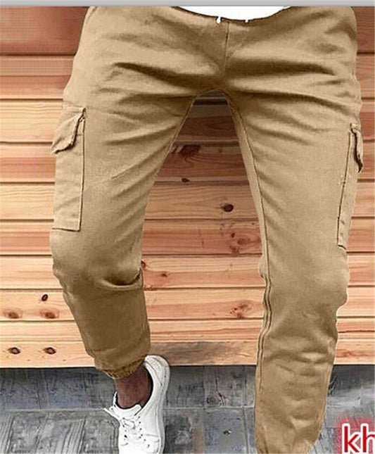 Men’s Slim Fit Patch Pocket Trousers in khaki on model