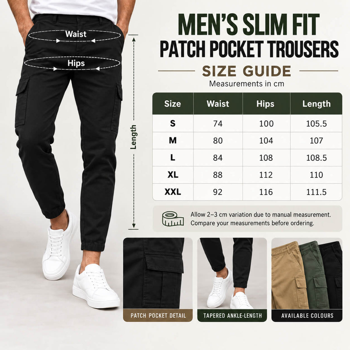 Mens Slim Fit Patch Pocket Trousers size guide with waist hips and length measurements