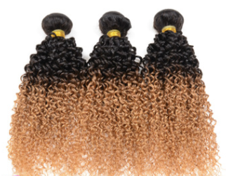 Ombre Curly Human Hair Extensions in three dark-root gradient bundles