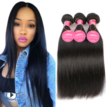 Straight Human Hair Bundles in natural black shown with model