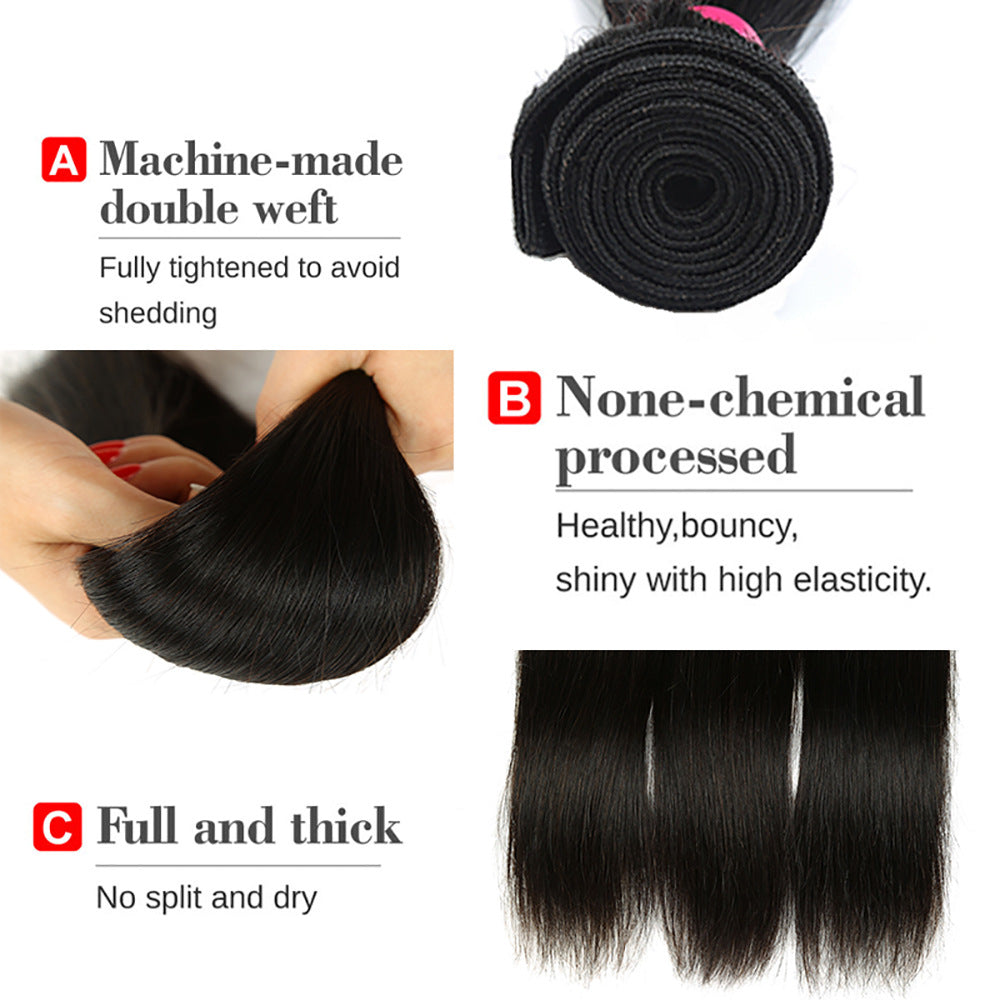 Straight Human Hair Bundles showing double wefts, smooth texture and full ends