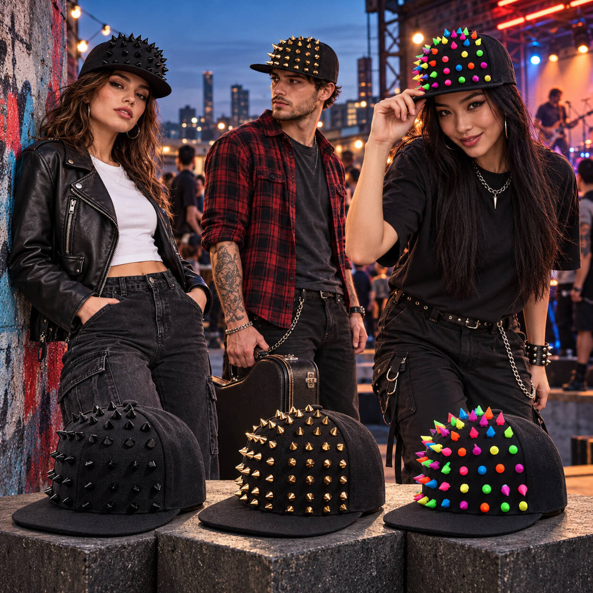 Unisex Rivet Hat worn by women and men at an urban music event with black, gold and multicolour spike hats displayed