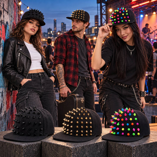 Unisex Rivet Hat worn by women and men at an urban music event with black, gold and multicolour spike hats displayed