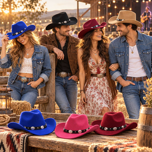 Unisex Western Cowboy Hat worn by women and men at an outdoor country music festival with colourful cowboy hats displayed
