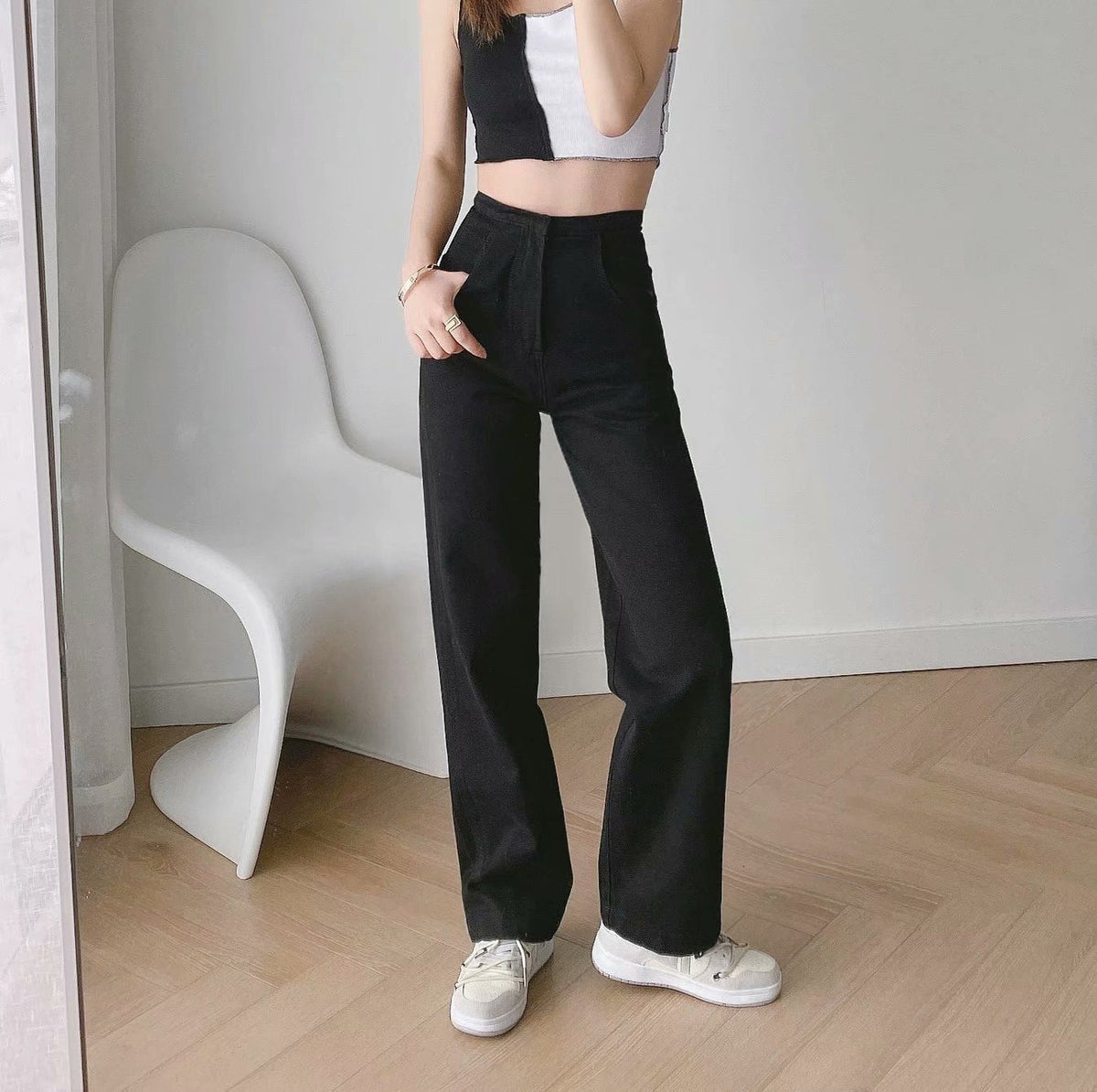 Womens Banana Pants in black lightweight denim styled with a fitted sleeveless top