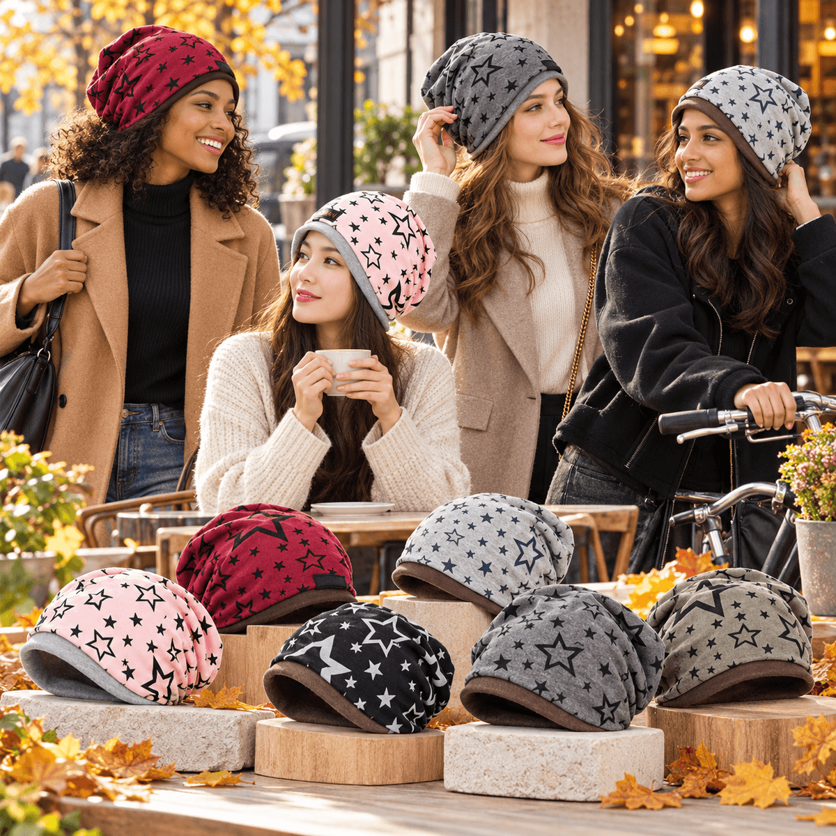 Womens Star Print Beanie Cotton Hat worn by women in a Scandinavian autumn café setting with six colours displayed