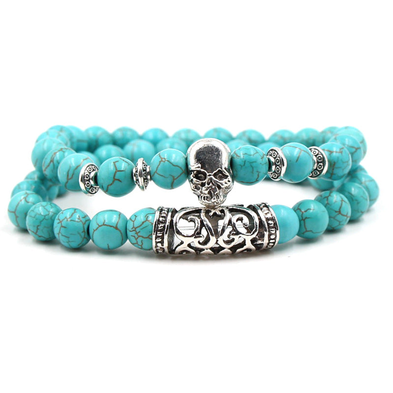 Bohemian Turquoise Bracelet Set with silver-tone skull charm