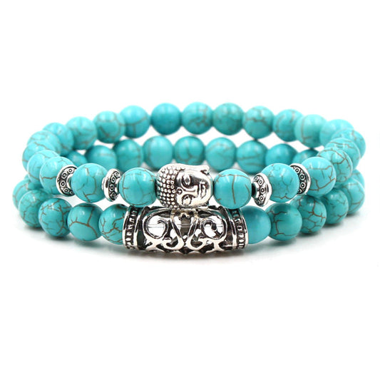 Bohemian Turquoise Bracelet Set with silver-tone Buddha head charm