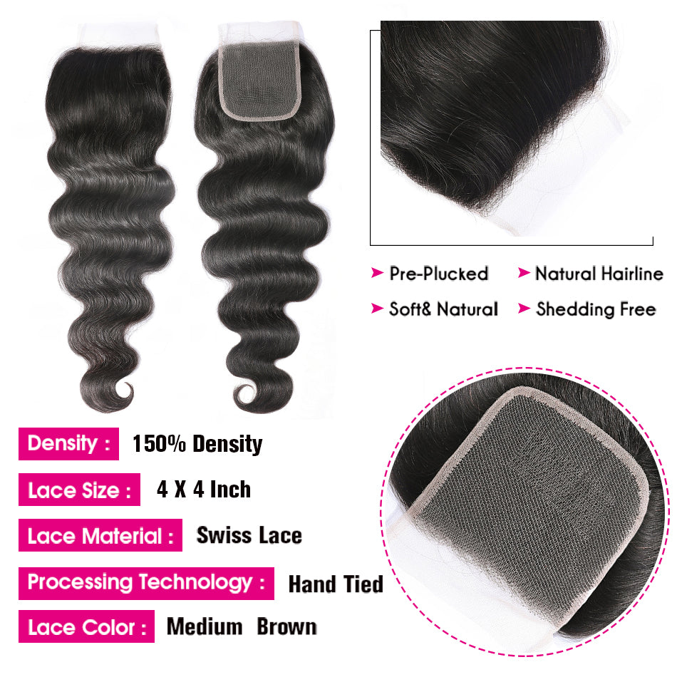 10-inch Brazilian body wave hair bundles with closure, unprocessed virgin hair, 150% density, soft natural texture, hand-tied Swiss lace, pre-plucked medium brown lace.