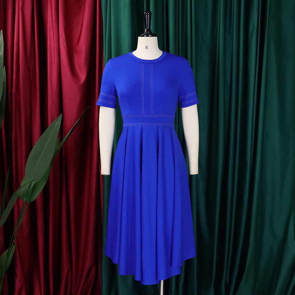 Elegant blue A-line short sleeve summer office dress for women with African design.