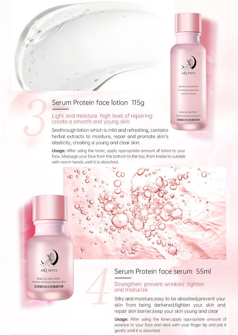 Korean skin care set with serum protein face lotion and serum for anti-aging and whitening.